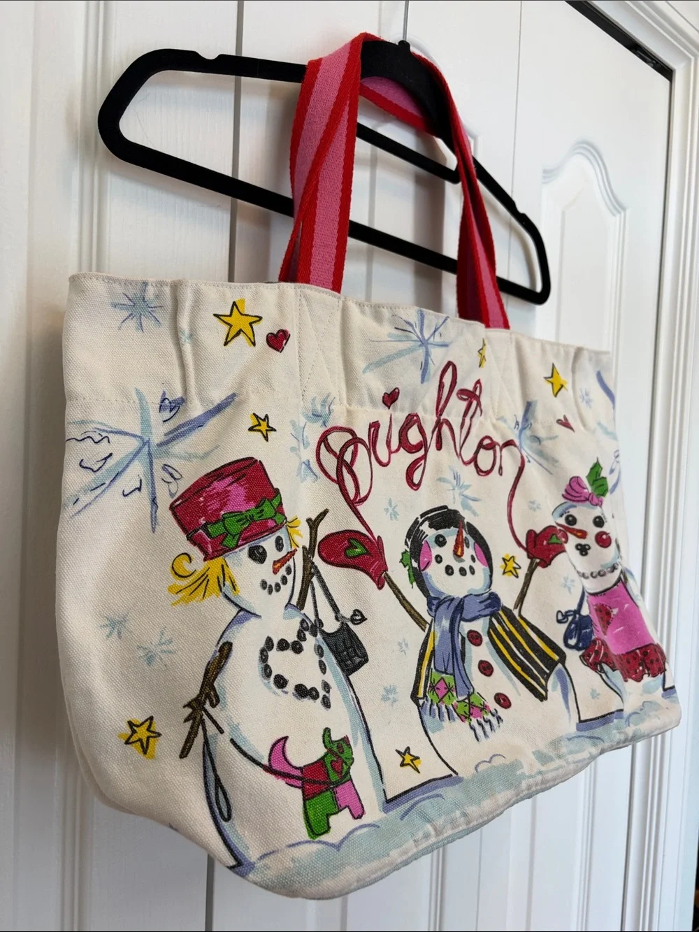 Brighton Happy Holidays Snow Snowman Canvas Tote with Pink Straps